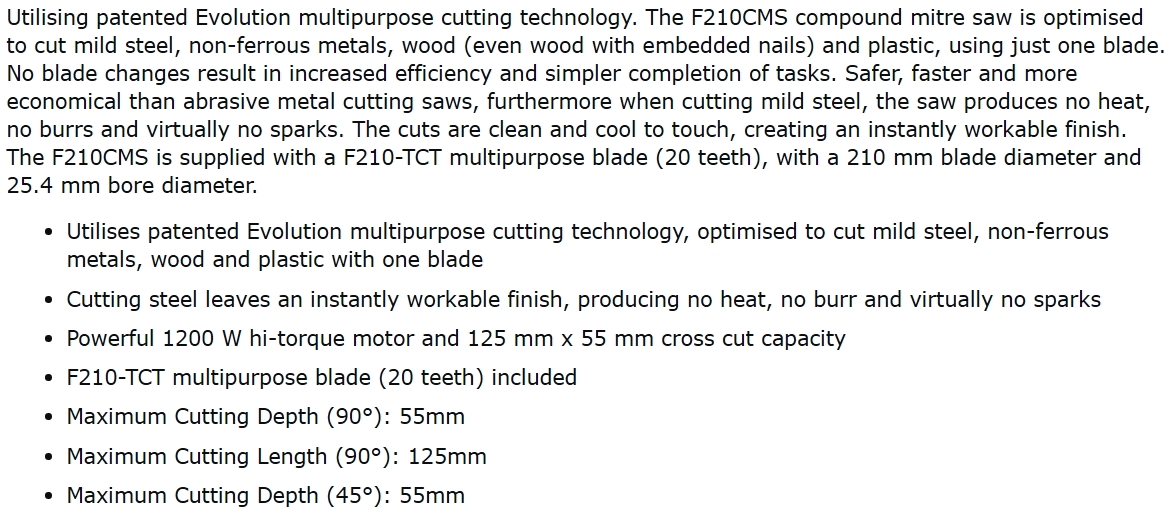 מסור גרונג חשמלי מקצועי EVOLUTION F210CMS TEXT